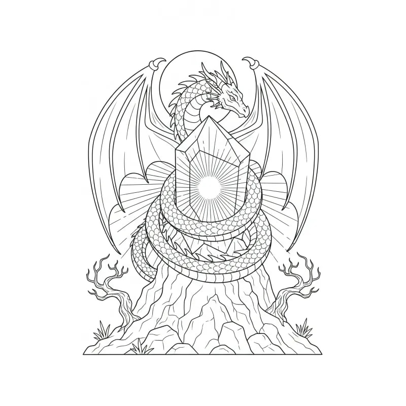 Easy Dragon Guarding Crystal Coloring Page | Magical Fantasy Fun