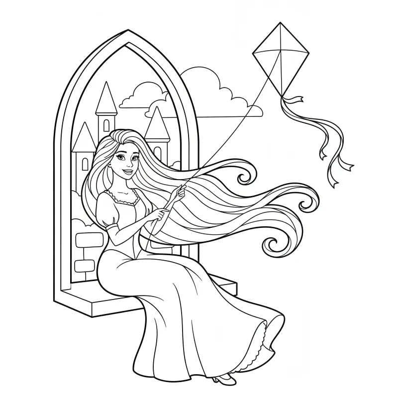 Easy Princess Flying a Kite Coloring Page - Free & Printable