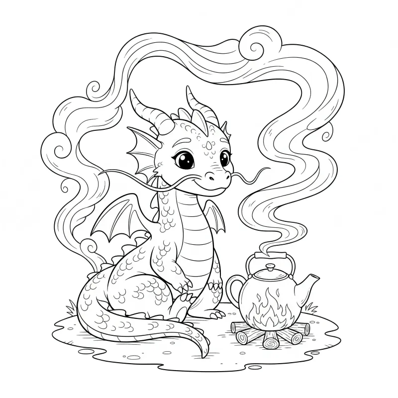 Cute Dragon Brewing Tea Coloring Page | Free Printable for Kids
