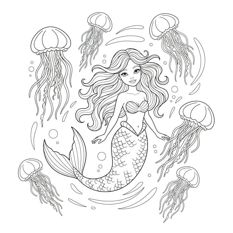 Relaxing Easy Mermaid and Jellyfish Coloring Page | Free Printable
