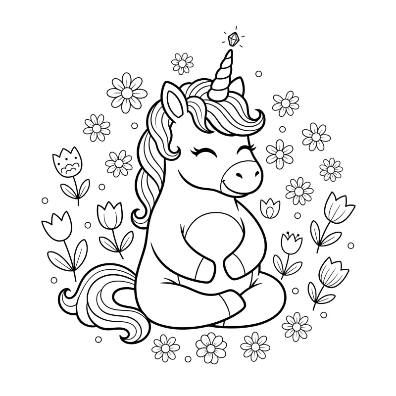 Meditating Unicorn in Flower Field Coloring Page | Free Zen Printable