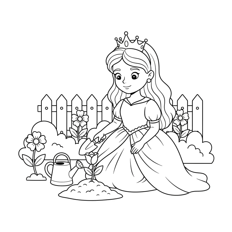 Princess Planting Flowers in Garden Coloring Page | Free Printable