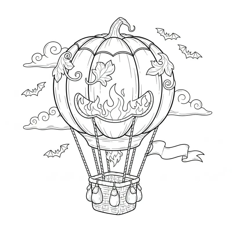 Pumpkin Hot Air Balloon Halloween Coloring Page | Free Whimsical Printable