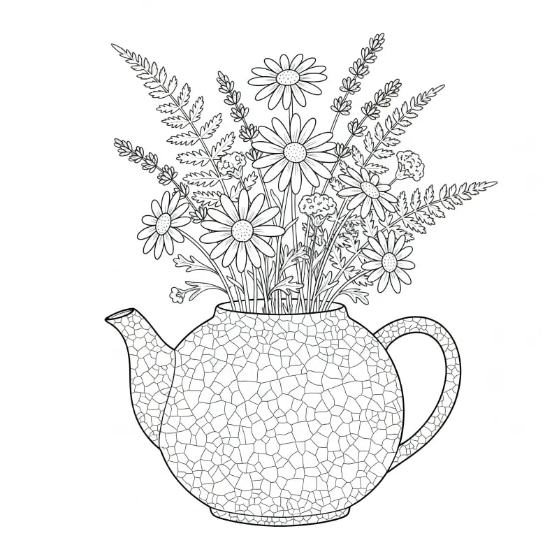 Wildflowers in Teapot Coloring Page | Free Zen 'Wabi-Sabi' Printable
