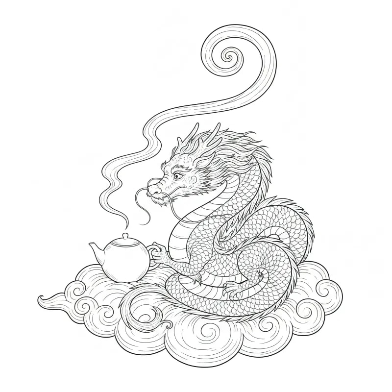 Zen Dragon Brewing Tea on Cloud Coloring Page | Free Whimsical Printable