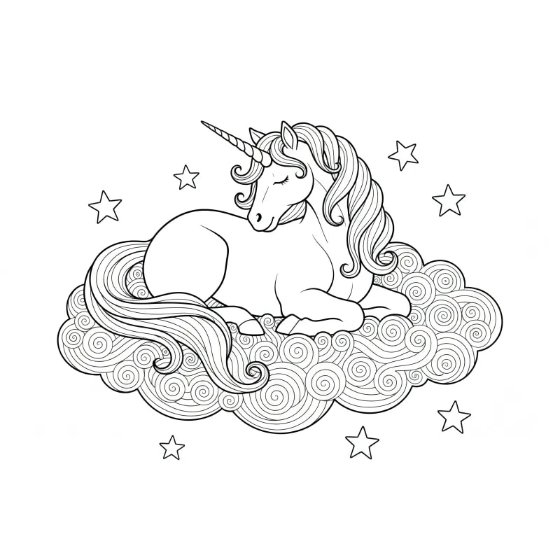 Find Your Zen: Serene Unicorn on Dream Cloud Coloring Page | Free Printable