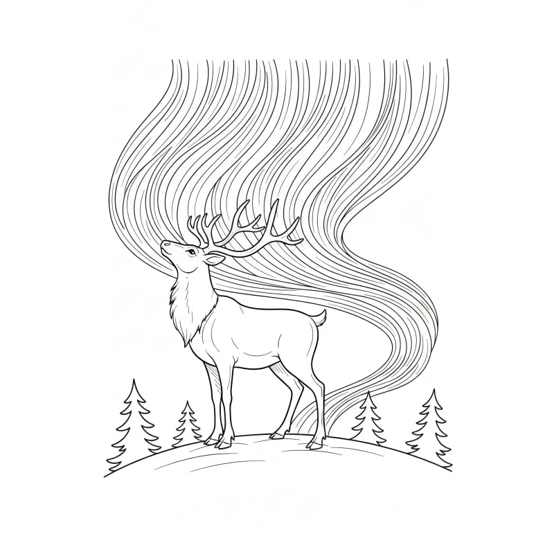 Serene Reindeer & Aurora Coloring Page | Free Zen Christmas Printable
