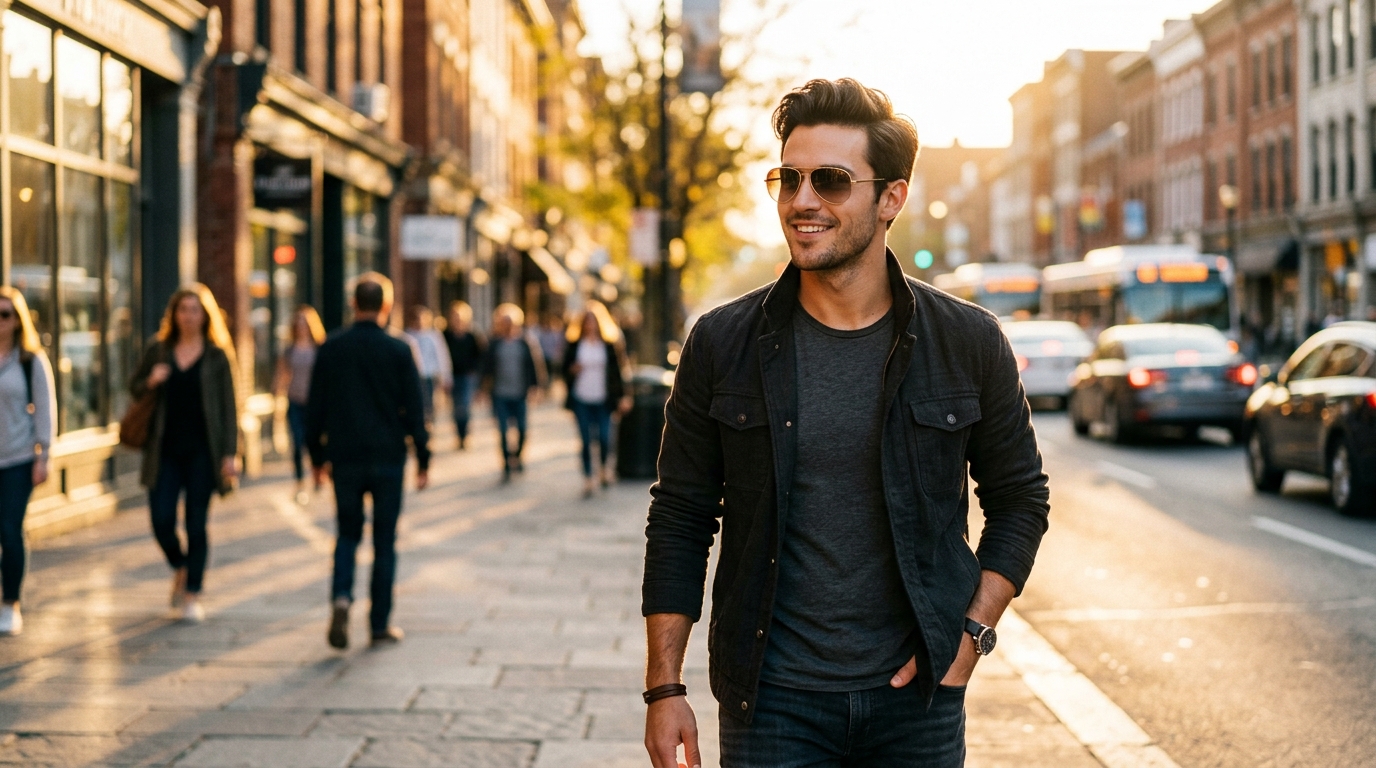 Man wearing sunglasses outdoors in golden hour sunlight