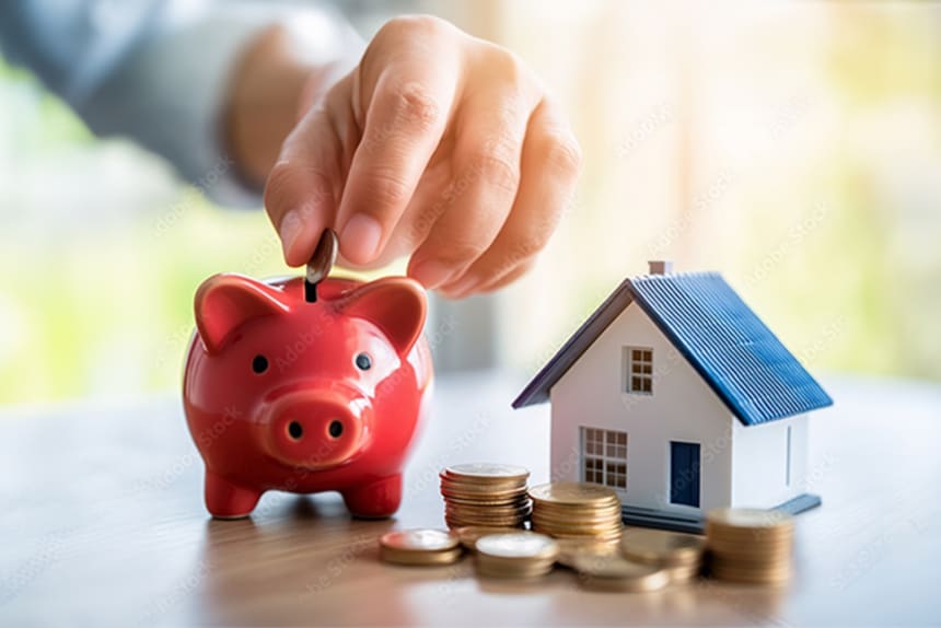 Person putting money in a piggy-bank alongside a house model