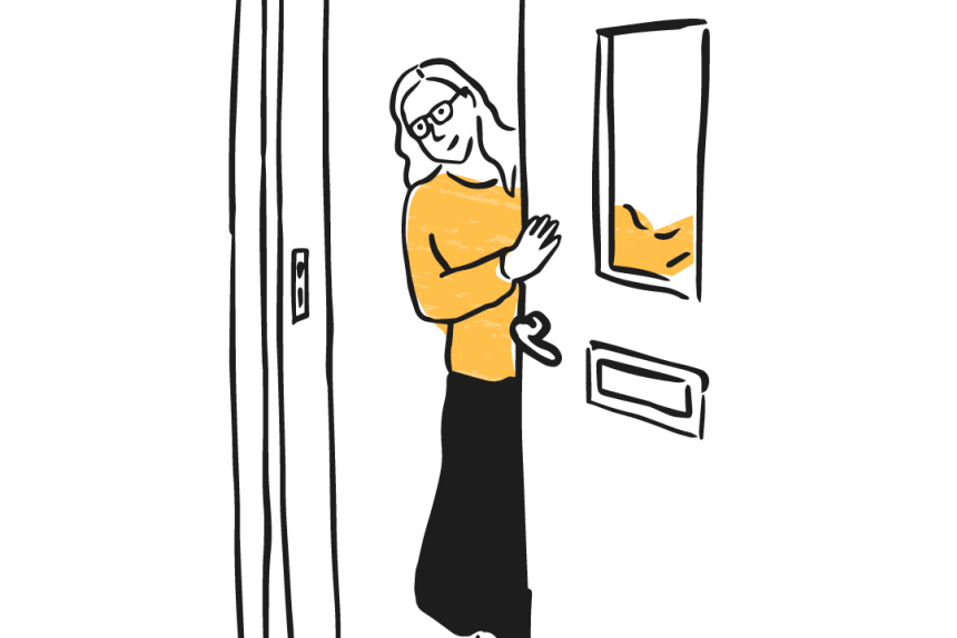 Illustration of woman looking around a door