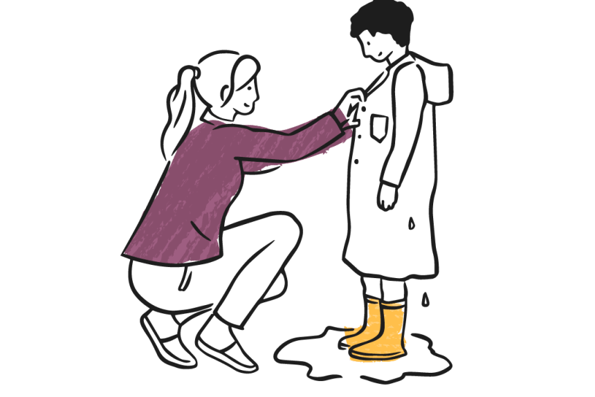 illustration of Woman dressing boy for school
