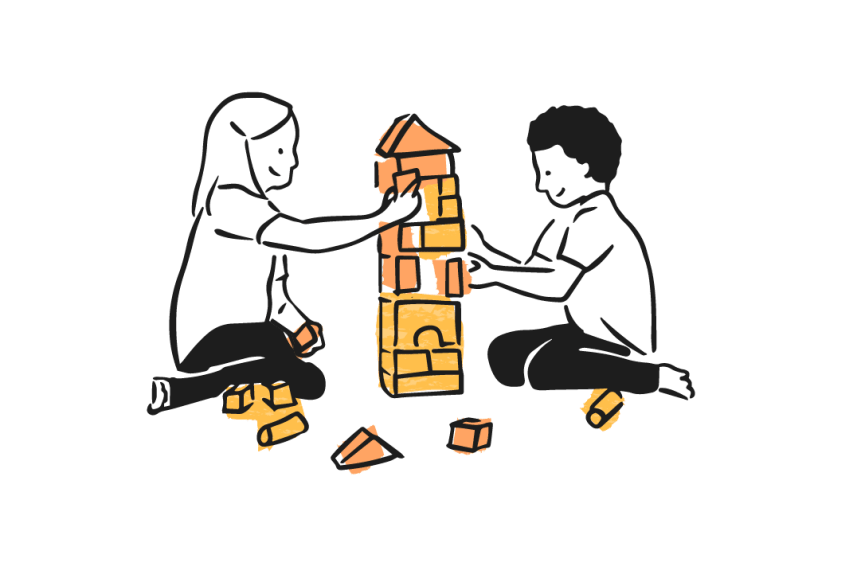 Illustration of two children building a block