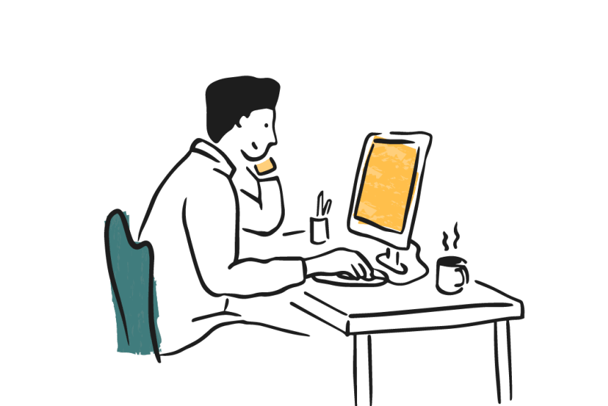 Drawing of man sitting in front of computer desktop