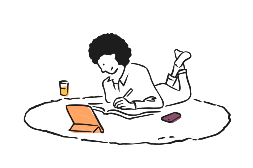 Drawing of someone sitting on a rug with a book and laptop