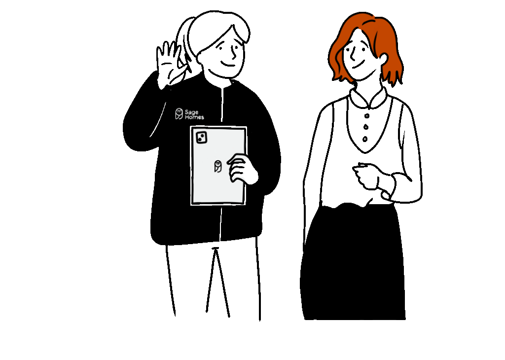 Illustration of Sage Homes colleague talking with customer, smiling and waving