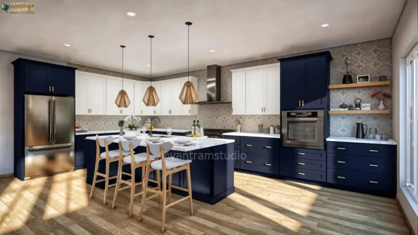 Modern Coastal Kitchen Design – 3D Architectural Visualization Services in Doha, Qatar