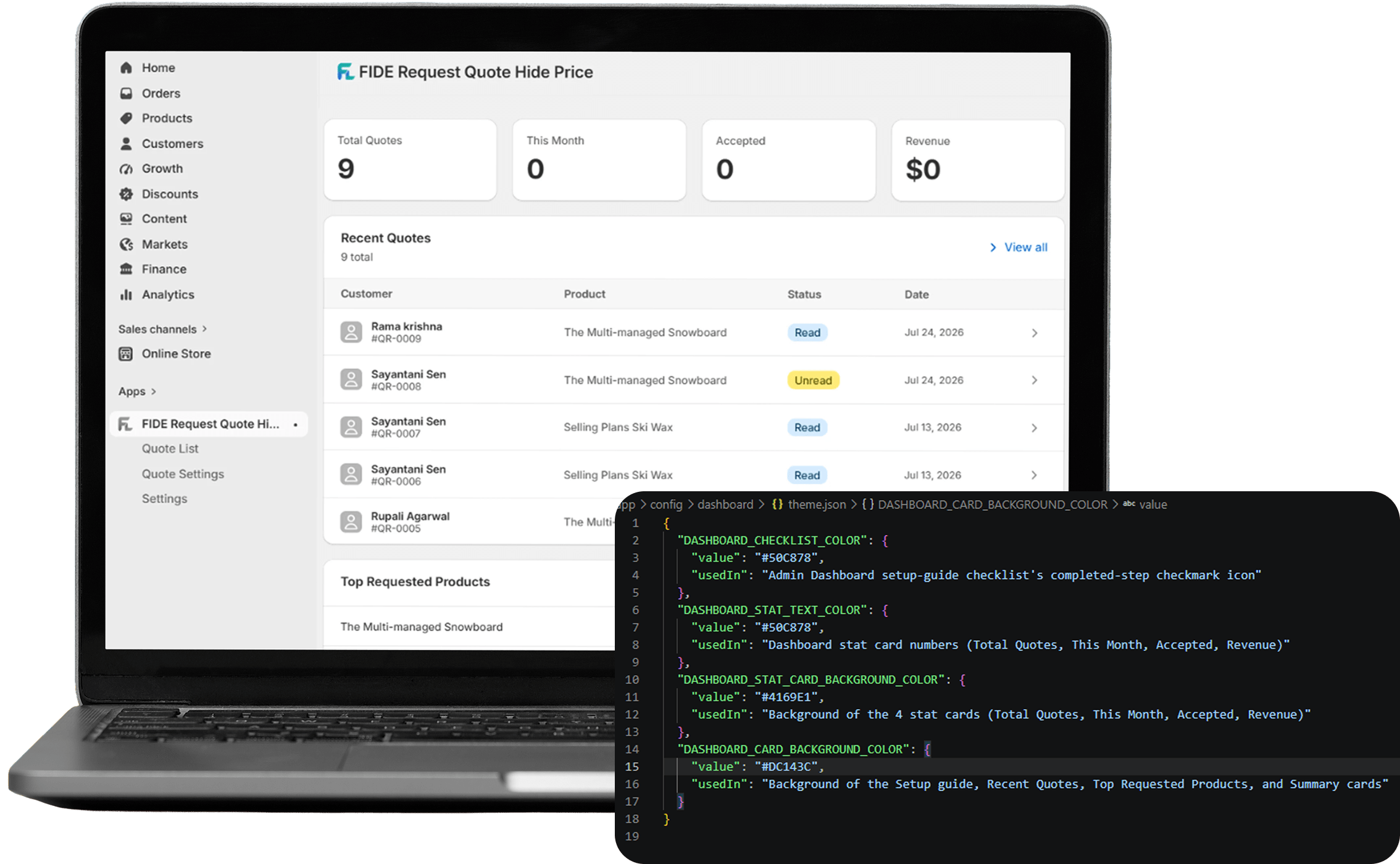 FIDE dashboard alongside its theme configuration file