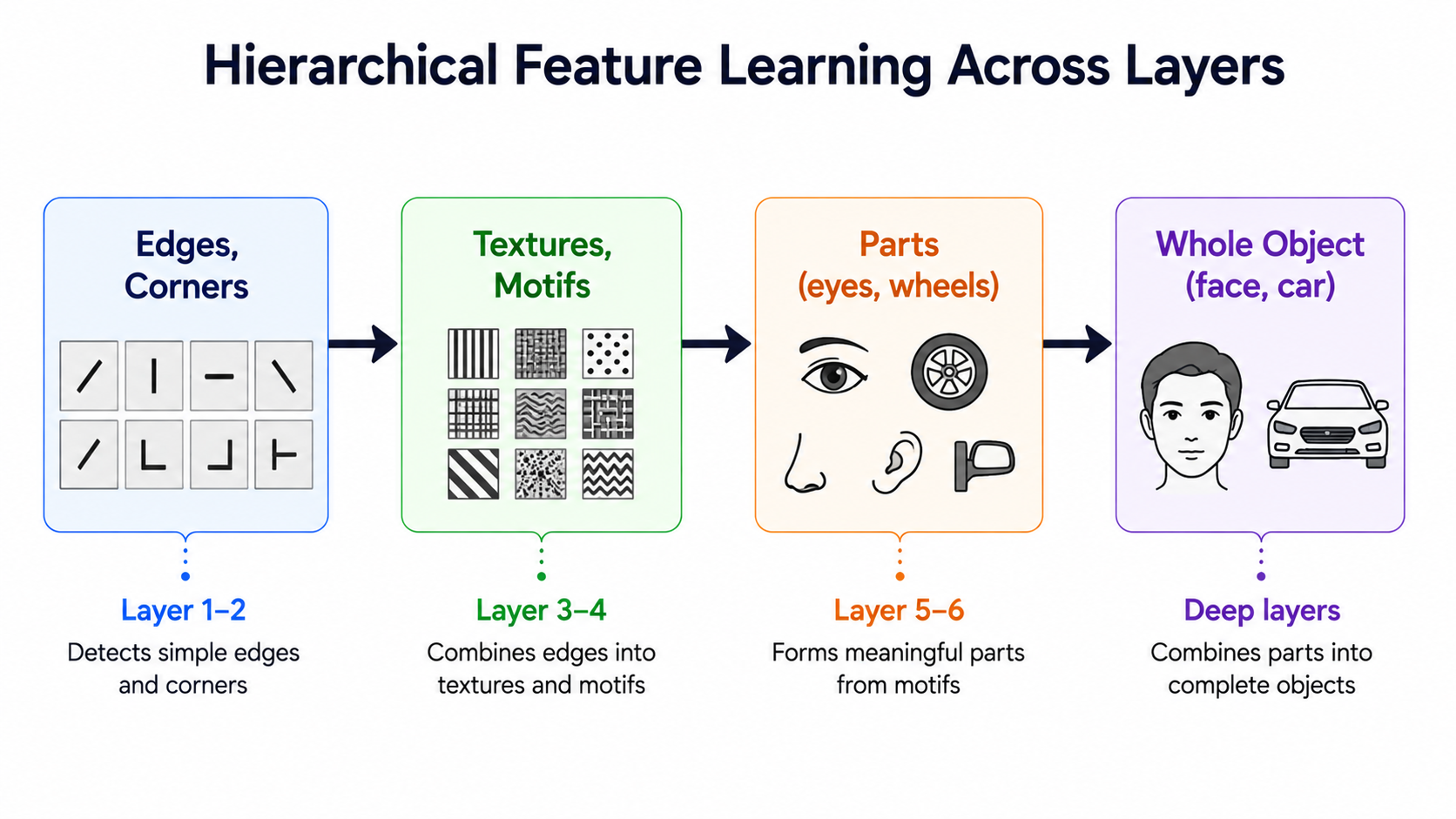 লেয়ার জুড়ে ক্রমানুসারী ফিচার লার্নিং (Hierarchical Feature Learning Across Layers)