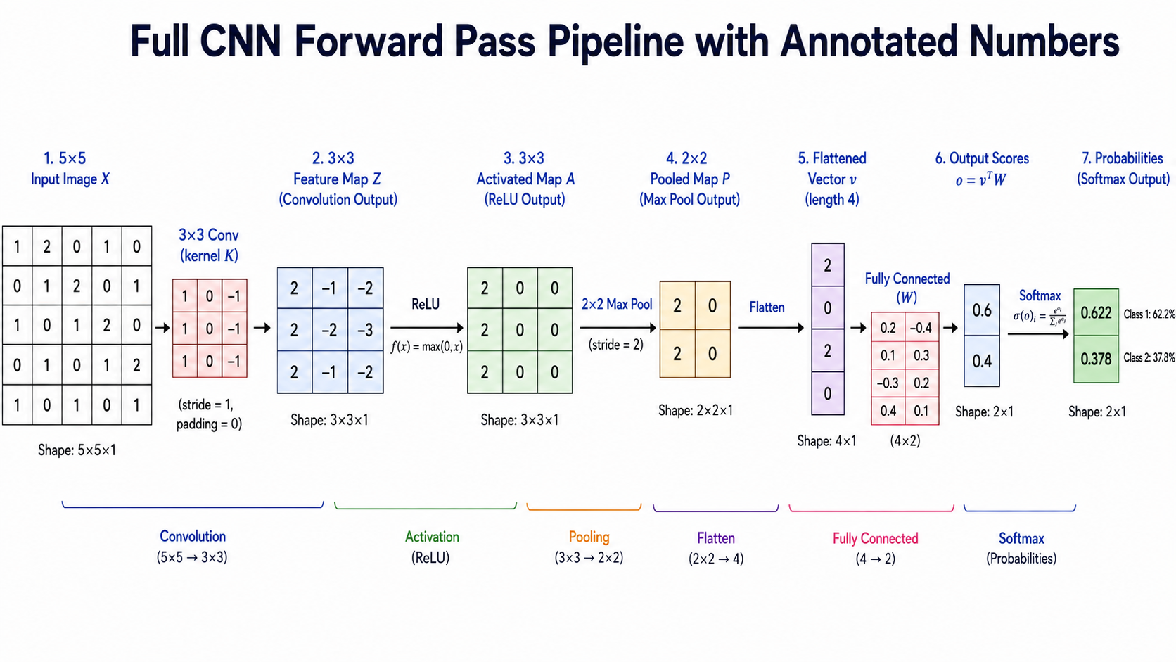 সংখ্যাসহ সম্পূর্ণ CNN ফরওয়ার্ড পাস পাইপলাইন (Full CNN Forward Pass Pipeline with Annotated Numbers)