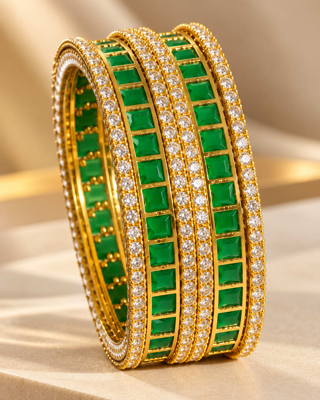 Elegant Gold-Finish CZ Bangles with Green Stones (4 side bangles and 2 middle black bangles)