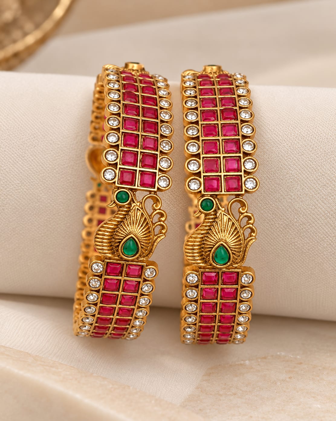 Elegant gold-finish designer bangles peacock-inspired motif ( Set of 2)