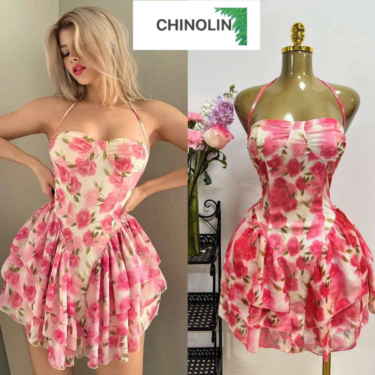 long-sleeve jumpsuit & Pink floral halter dress