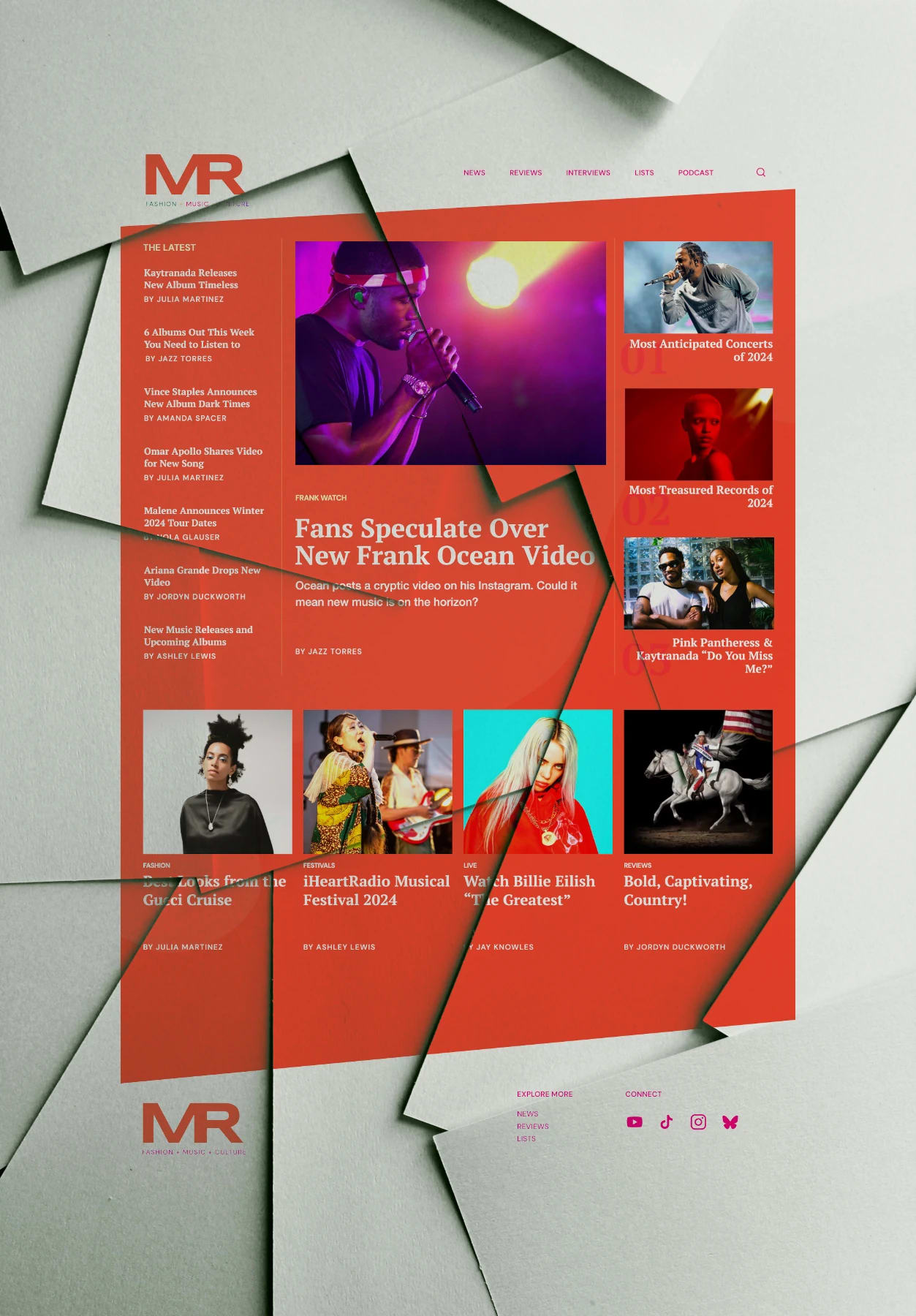 Design mockup for landing page for a music news & review site