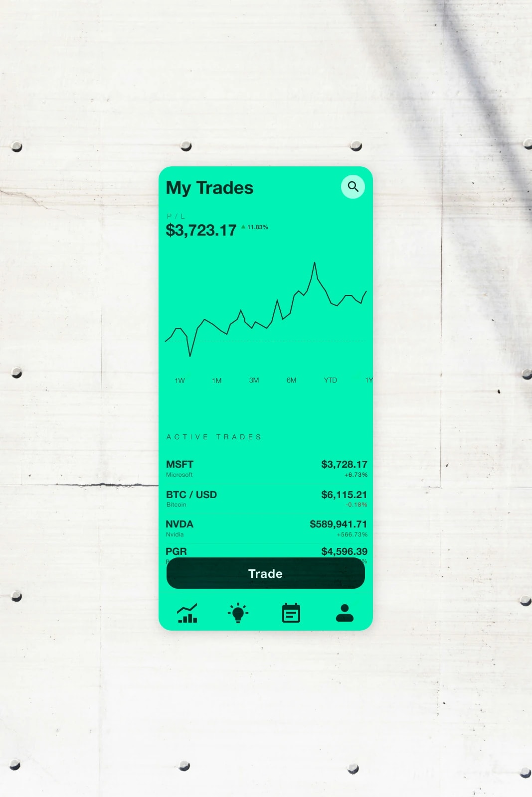Design mockup for landing page for a equity/cryptocurrency trading app