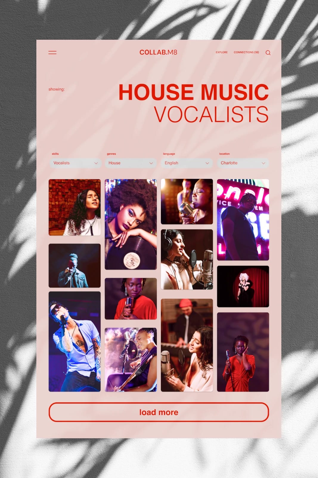 Design mockup for search page for a music collaboration social site