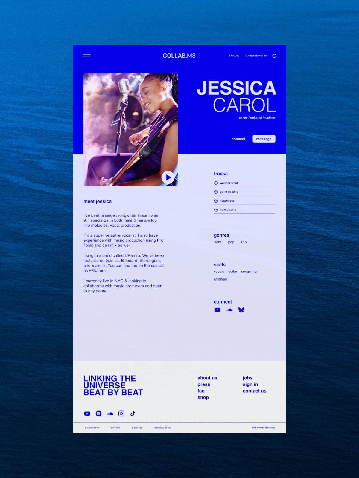Design mockup for a profile page for a music collaboration social site