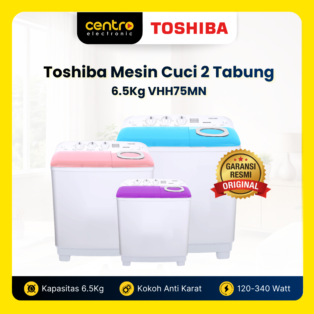 TOSHIBA MESIN CUCI 2 TABUNG 6.5 KG VHH75MN(WB/WR/WV)