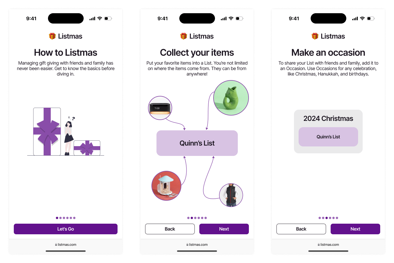 High-fidelity onboarding screens for steps 1 to 3