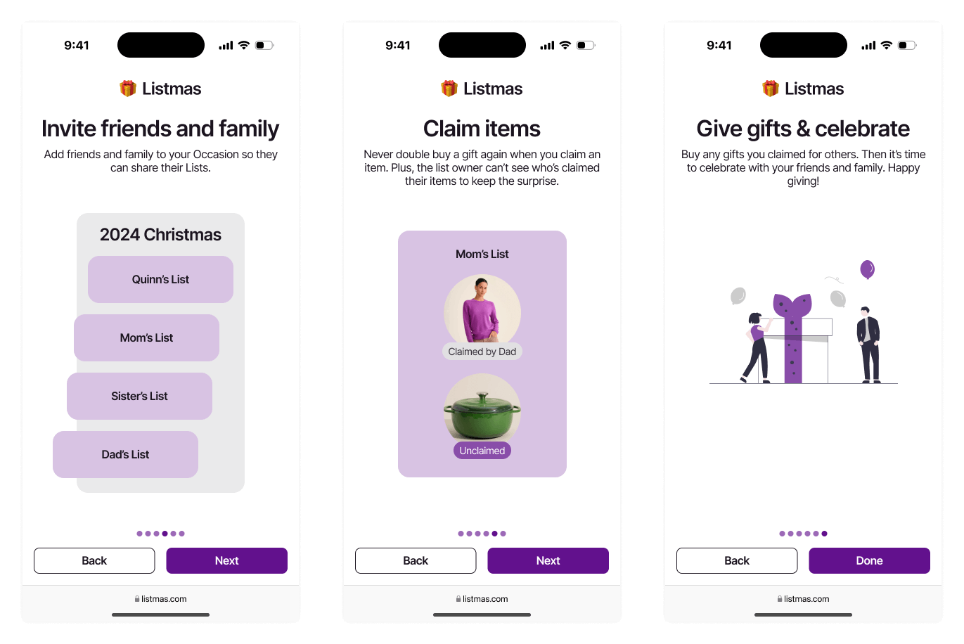 High-fidelity onboarding screens for steps 4 to 6