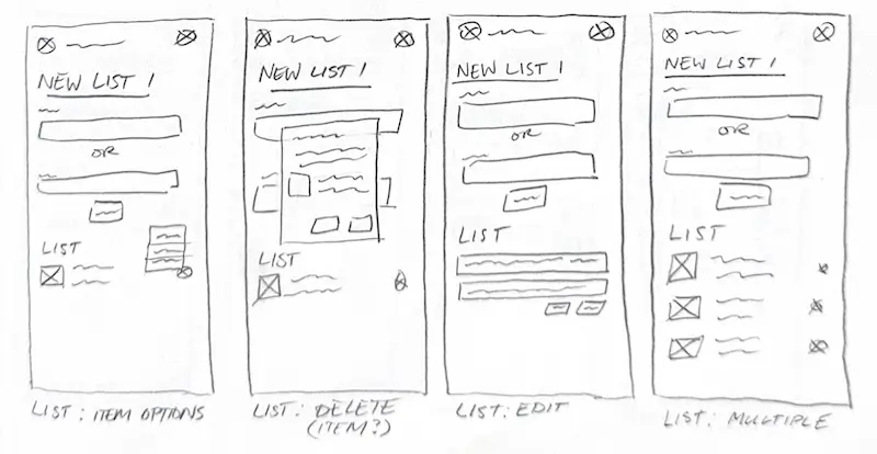 Low fidelity wireframes for lists