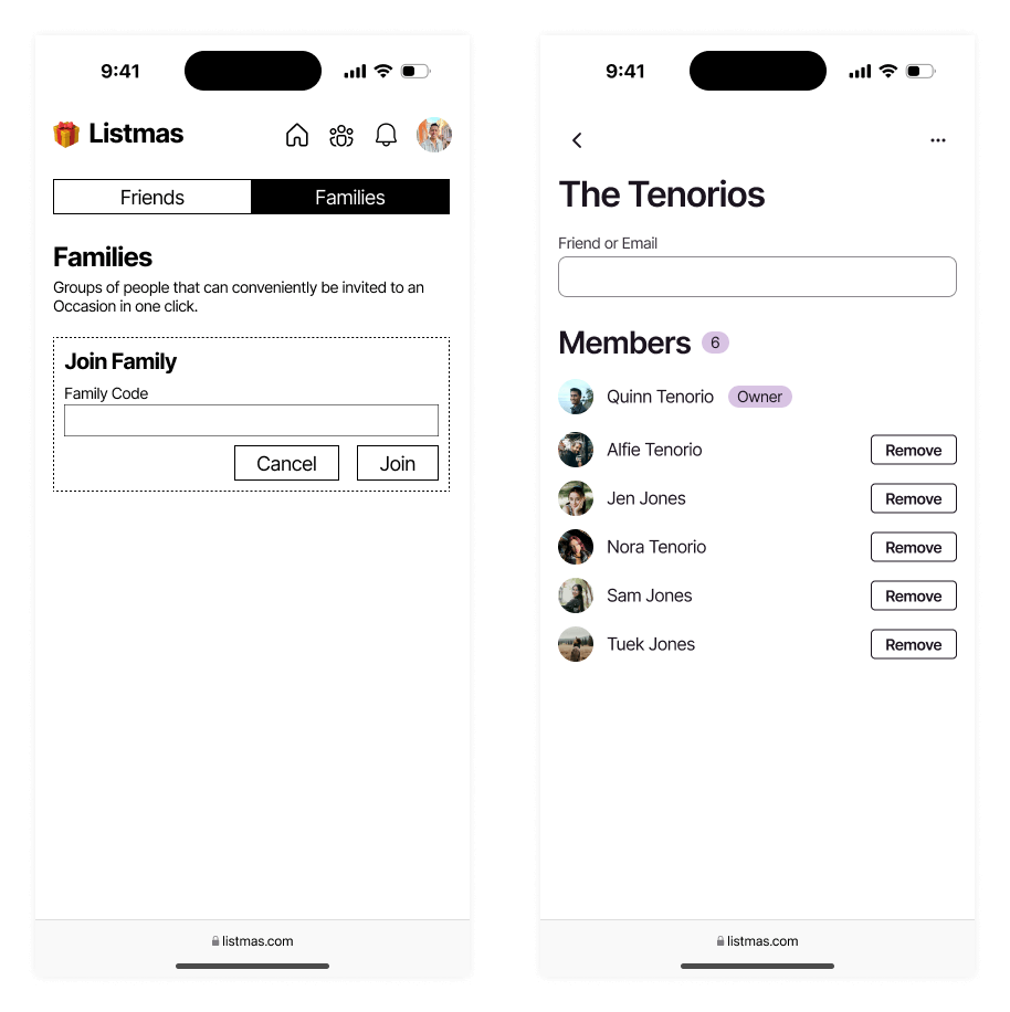 Mid and high fidelity family invite comparison