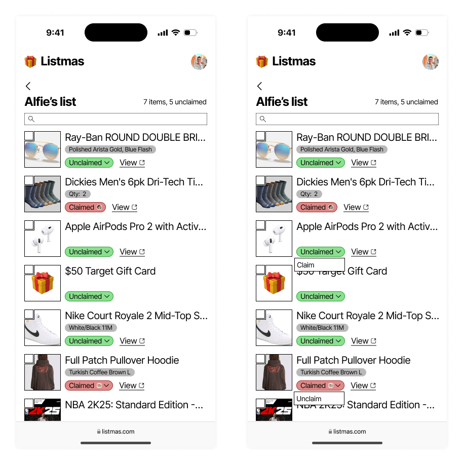 Mid-fidelity designs for claiming items