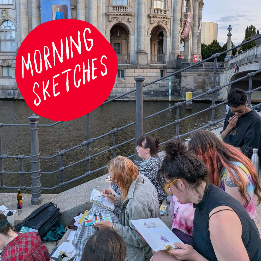 Morning Sketches: people painting with watercolours on the steps by the river, with the Bode Museum behind and the Morning Sketches logo in the corner