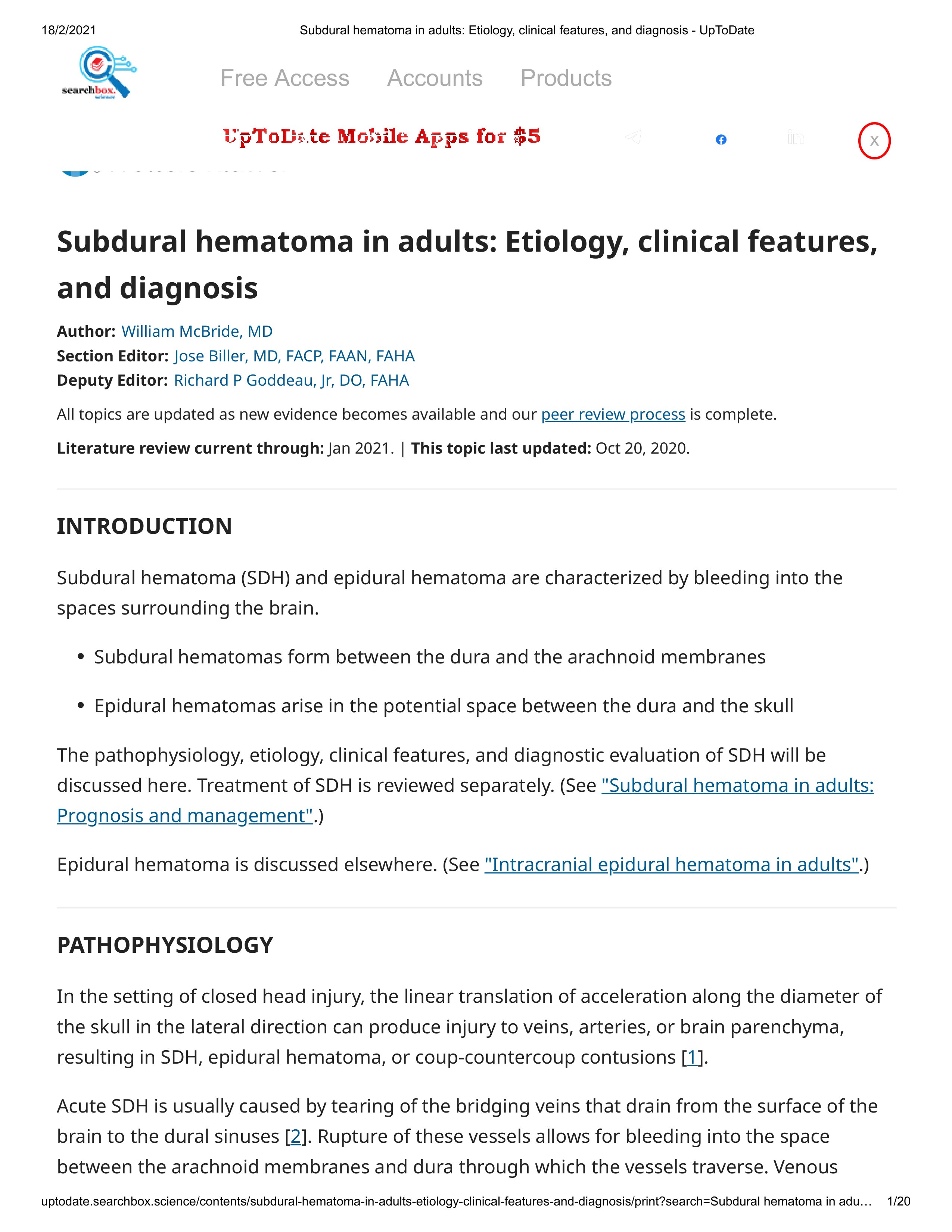 Subdural hematoma in adults etiology, clinical features, and diagnosis