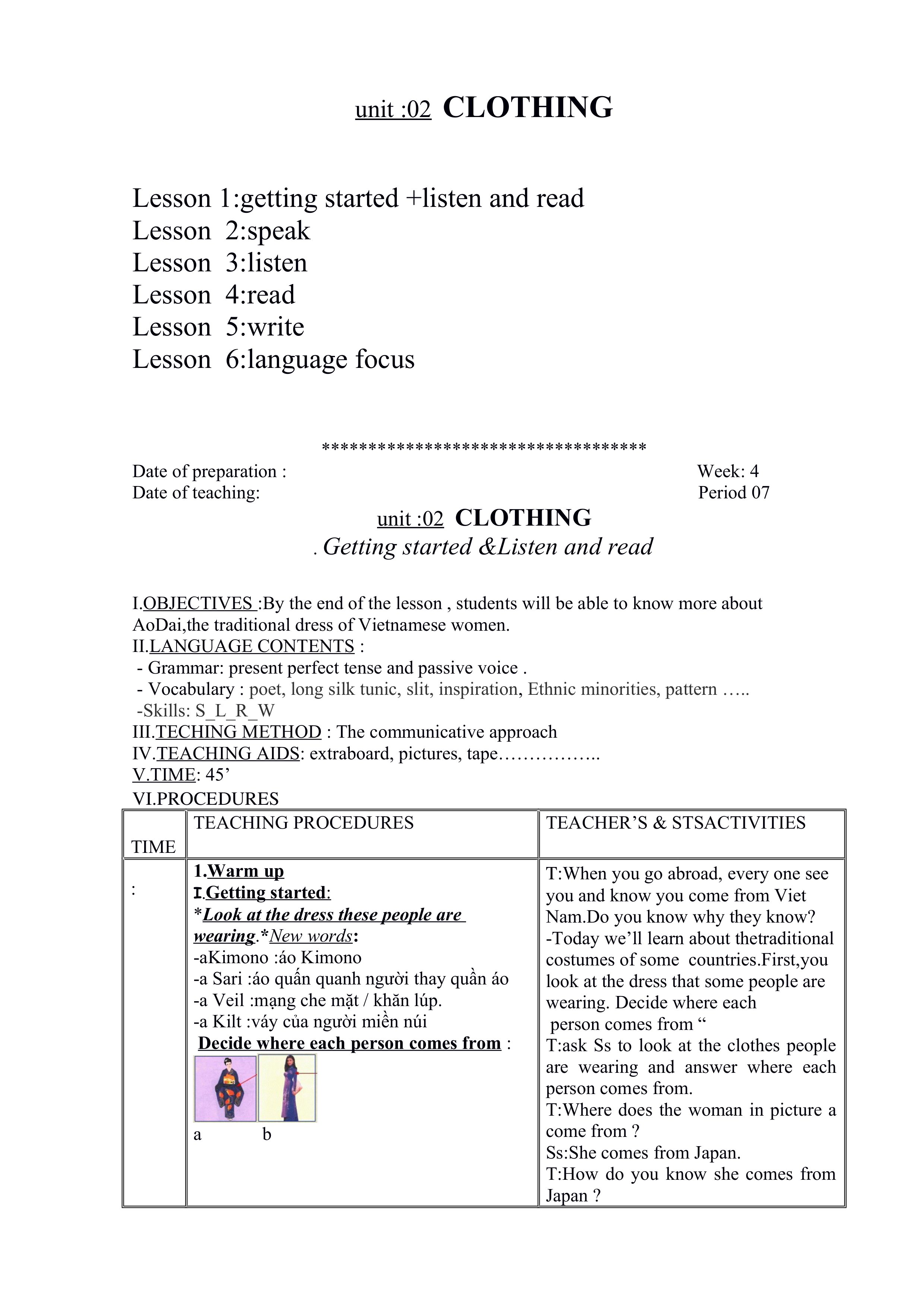 date of preparation week 4 unit 02 clothing lesson 1 getting started listen and read lesson 2 speak