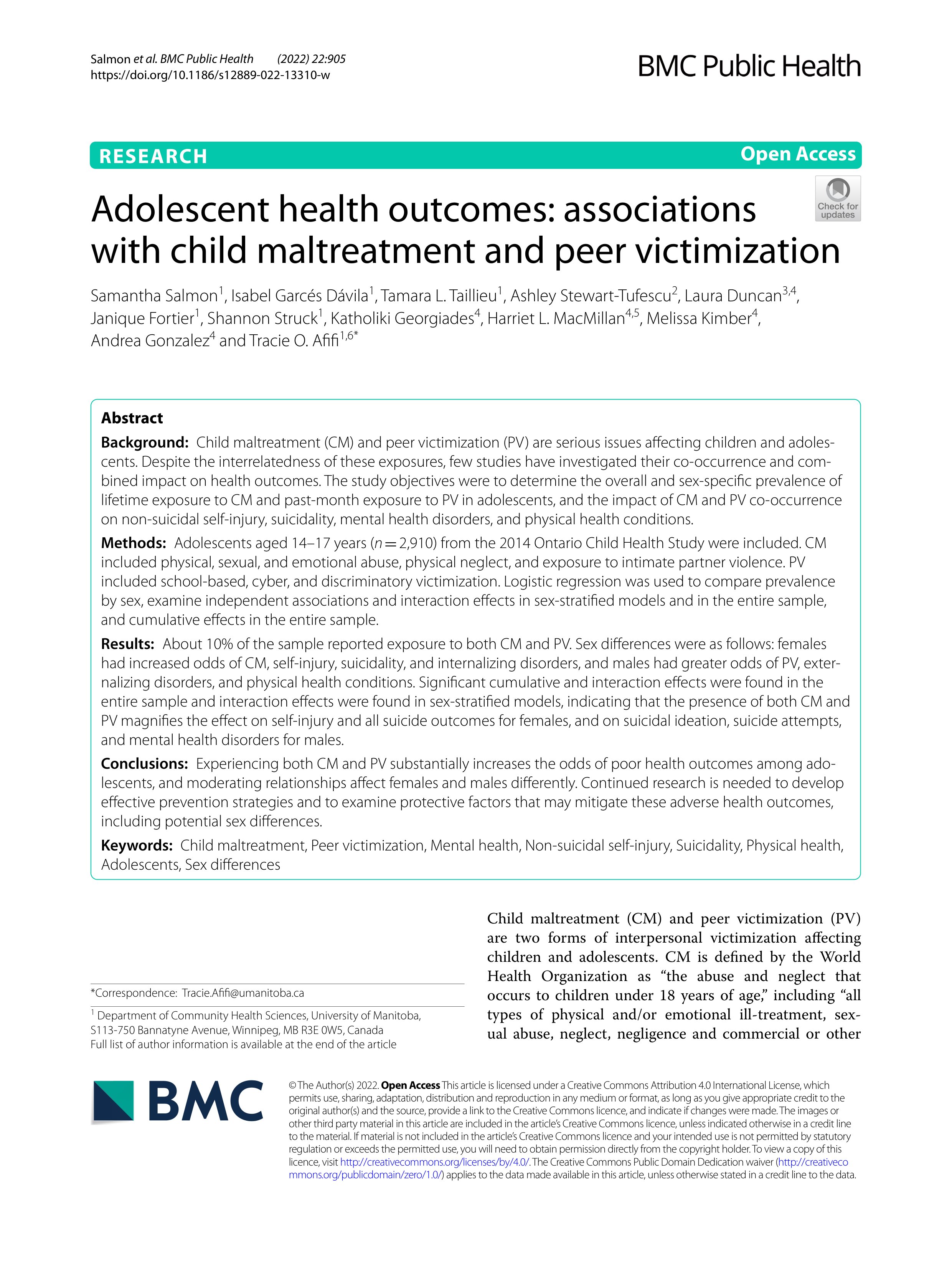 Adolescent health outcomes: Associations with child maltreatment and peer victimization