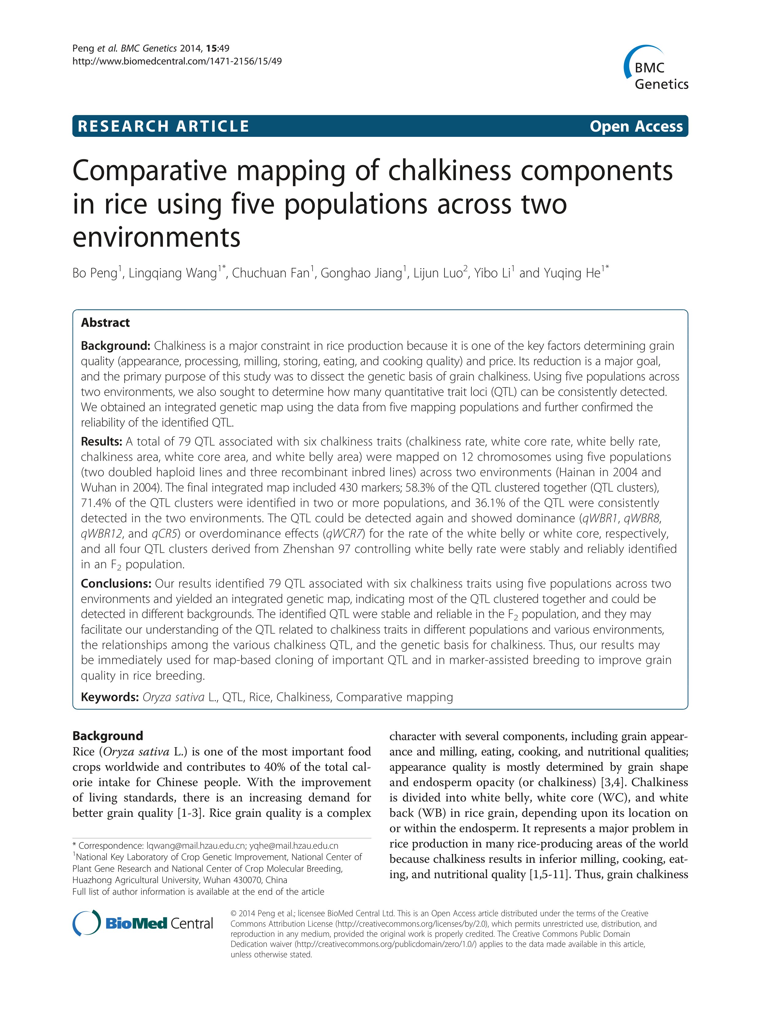 Comparative mapping of chalkiness components in rice using five populations across two environments