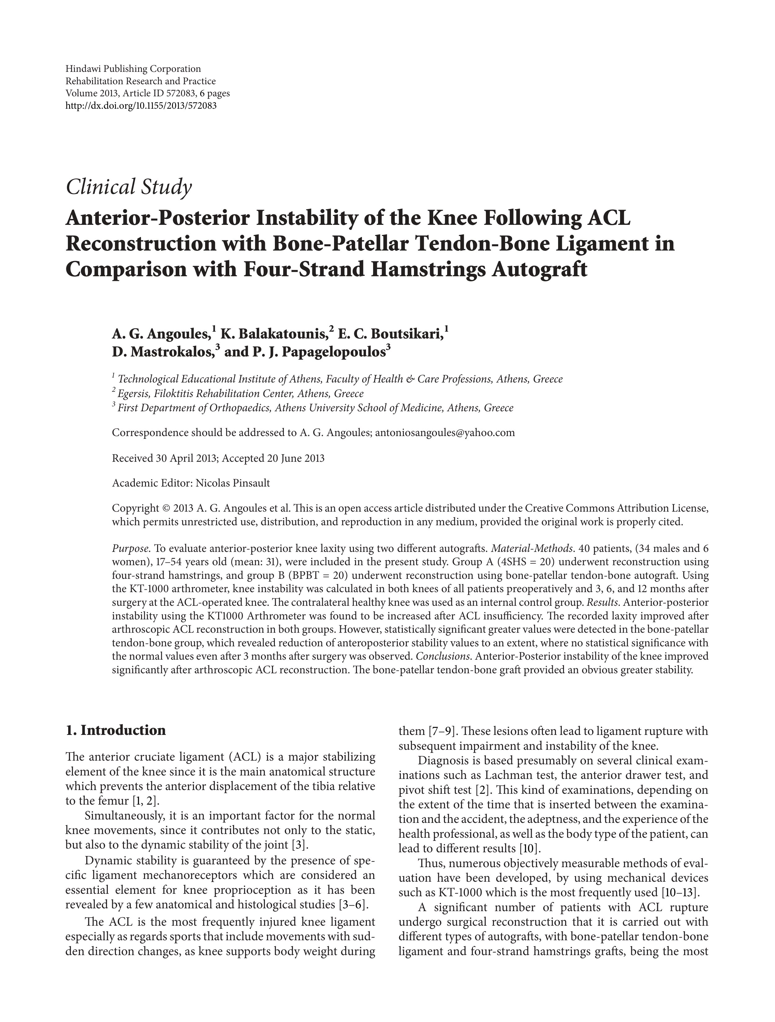 anterior posterior instability of the knee following acl reconstruction with bone patellar tendon