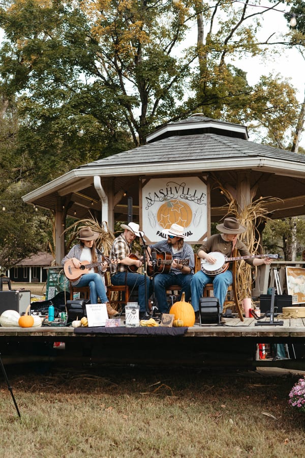 Bluegrass band playing on the gazebo stage