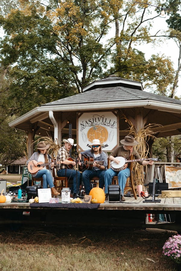 Bluegrass band playing on the gazebo stage