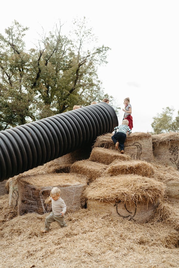 Toddler exploring the hay bale fort and big play tunnel