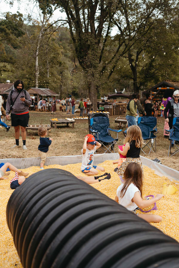 Kids playing in the corn pit beside the tunnel