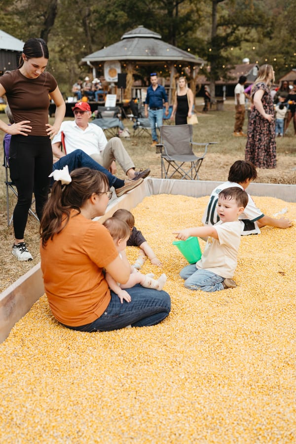Mom and kids digging in the corn pit