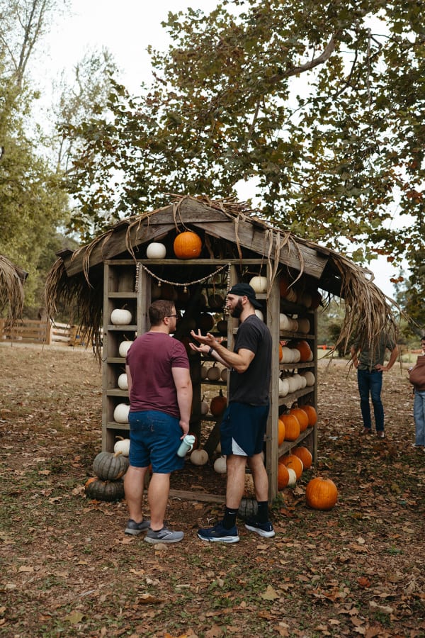Guests picking pumpkins at the pumpkin shed