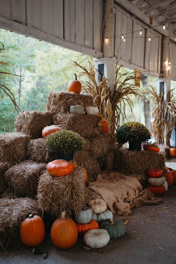 Pumpkins, mums and hay bales stacked under the pavilion