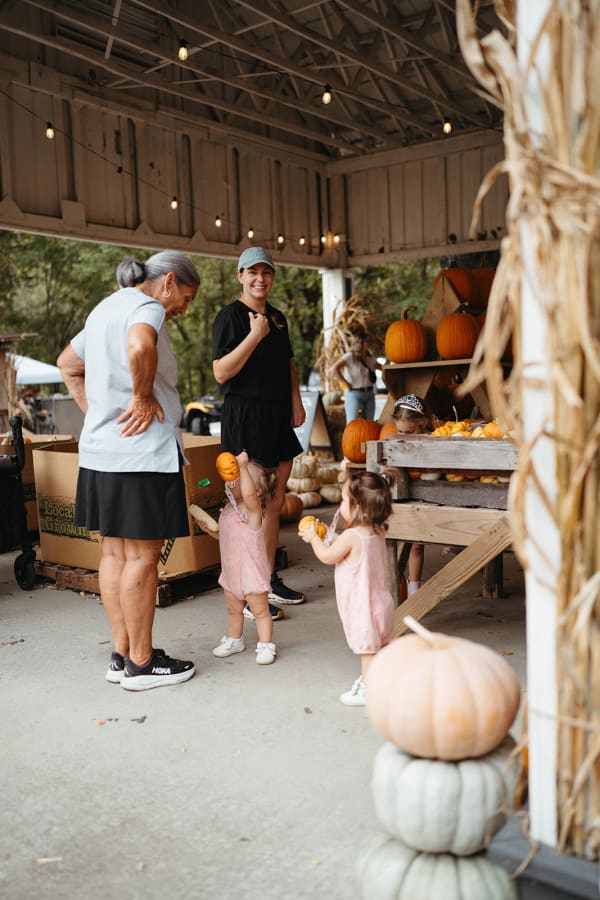 Little girls picking pumpkins with their family under the pavilion